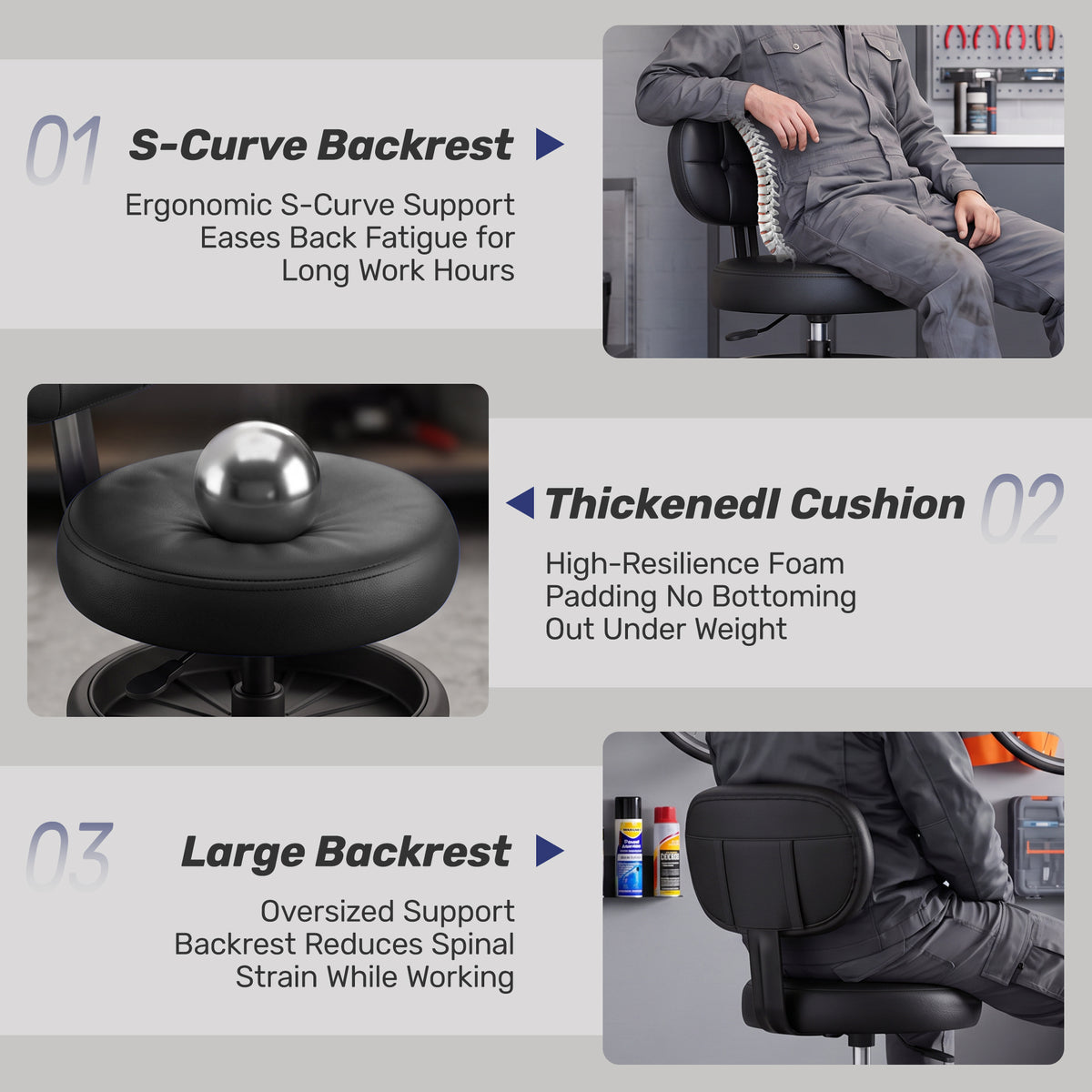 Aprleaf Shop Stool with Wheels for Garage, Rolling Mechanics Chair with Backrest, Adjustable Height Heavy Duty Garage Stool with Double Storage Tray, Swivel Task Chair for Workshop Kitchen Salon