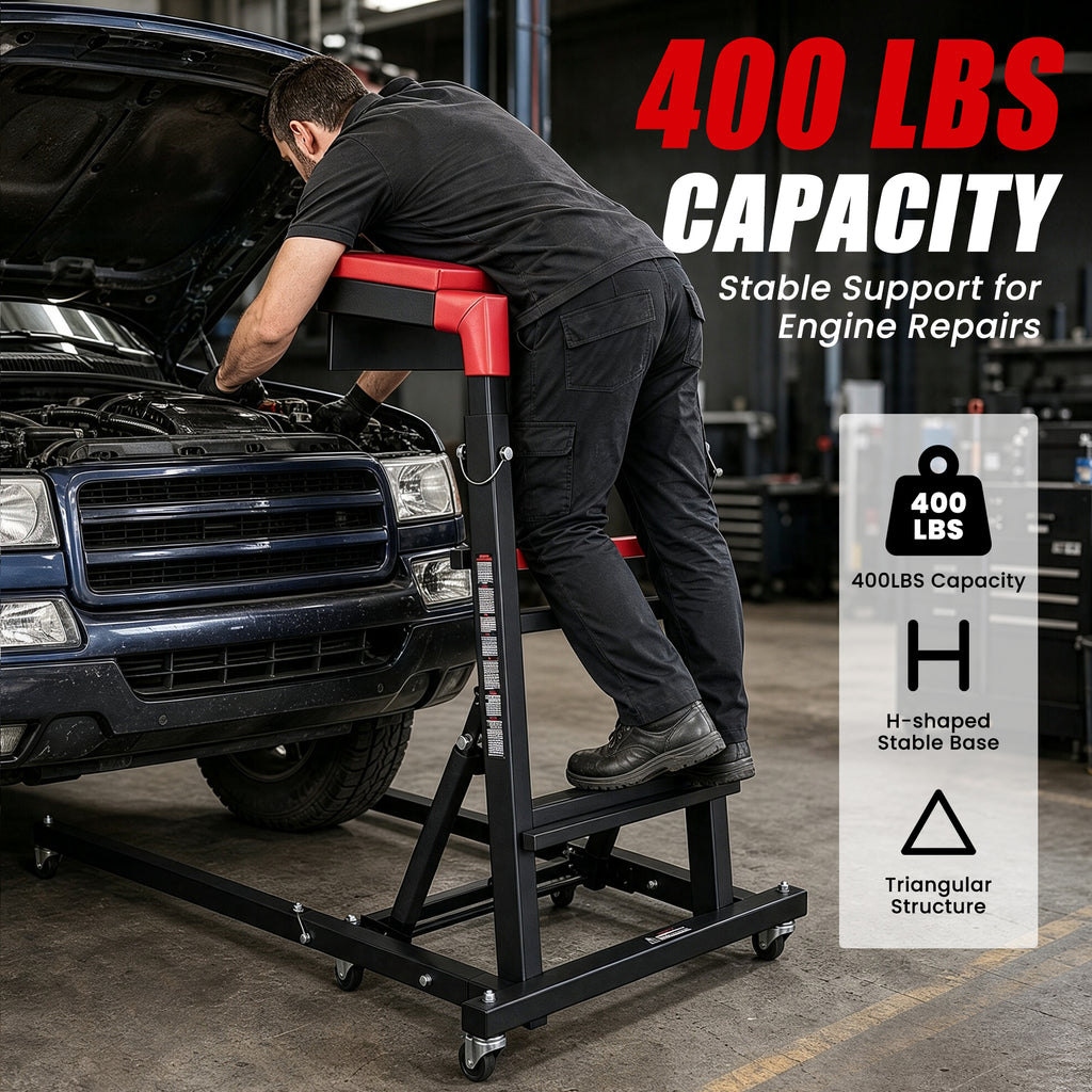 AprLeaf Adjustable Topside Creeper for Auto Repair, 46"to71" in Height, 400 lb Capacity, 9 Heights, 3 Angles, Foldable Mechanic Work Platform