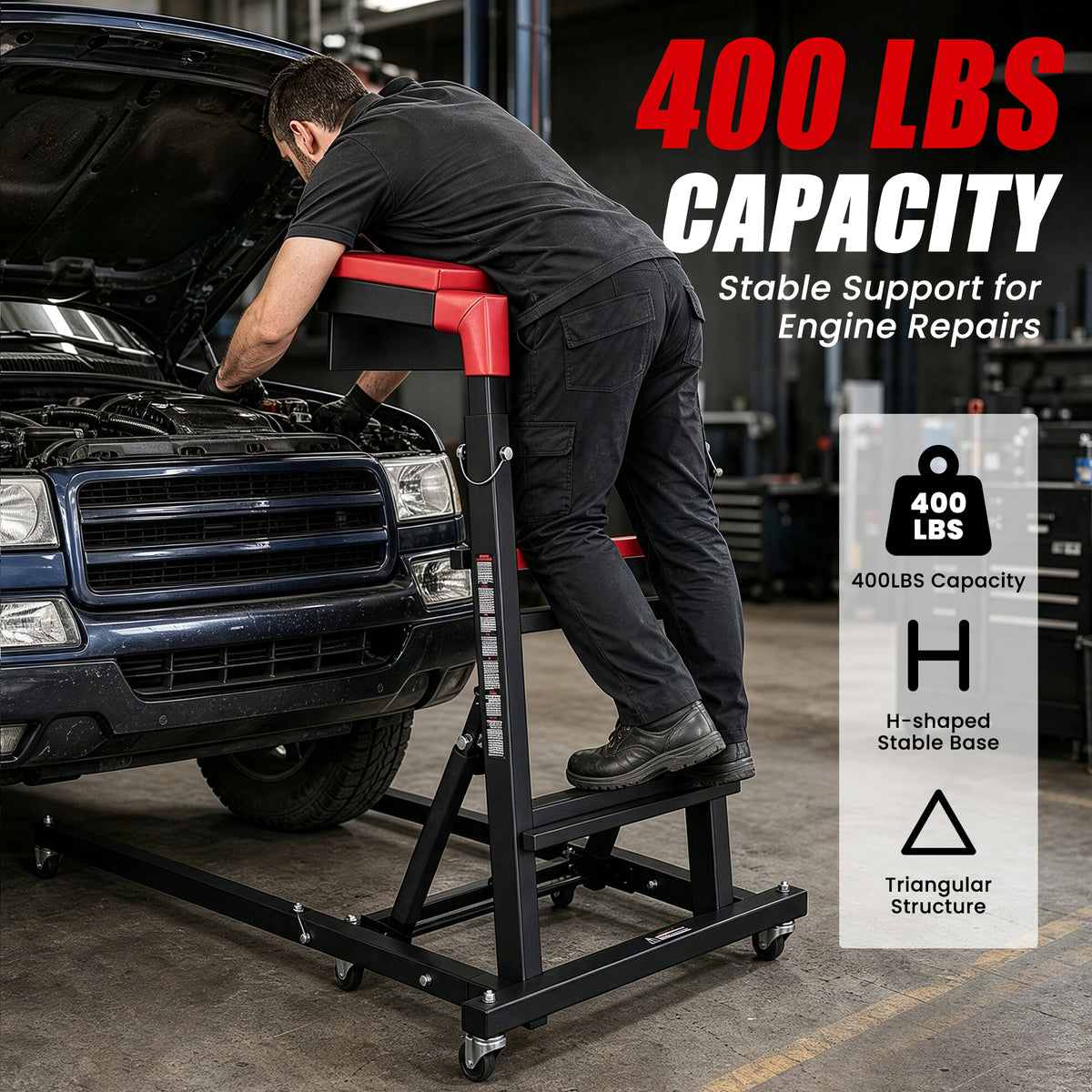 AprLeaf Adjustable Topside Creeper for Auto Repair, 46"to71" in Height, 400 lb Capacity, 9 Heights, 3 Angles, Foldable Mechanic Work Platform