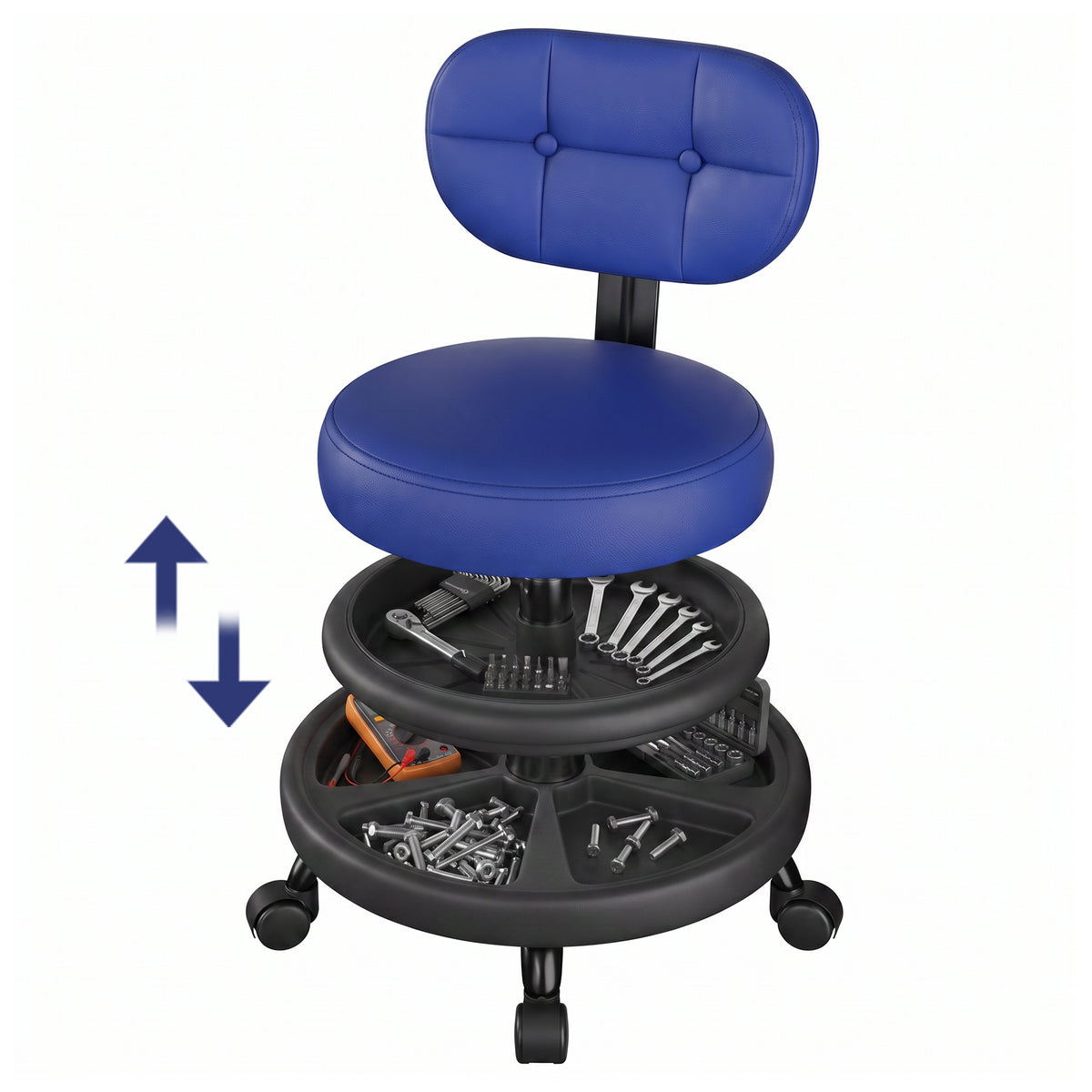 Aprleaf Shop Stool with Wheels for Garage, Rolling Mechanics Chair with Backrest, Adjustable Height Heavy Duty Garage Stool with Double Storage Tray, Swivel Task Chair for Workshop Kitchen Salon