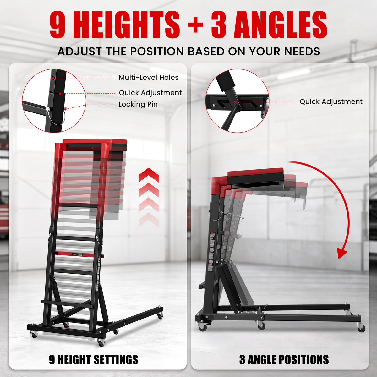 AprLeaf Adjustable Topside Creeper for Auto Repair, 46"to71" in Height, 400 lb Capacity, 9 Heights, 3 Angles, Foldable Mechanic Work Platform