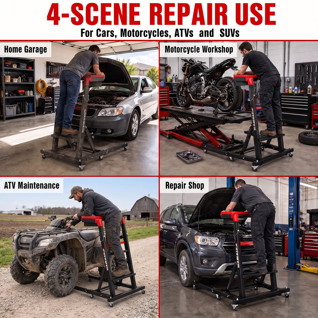 AprLeaf Adjustable Topside Creeper for Auto Repair, 46"to71" in Height, 400 lb Capacity, 9 Heights, 3 Angles, Foldable Mechanic Work Platform