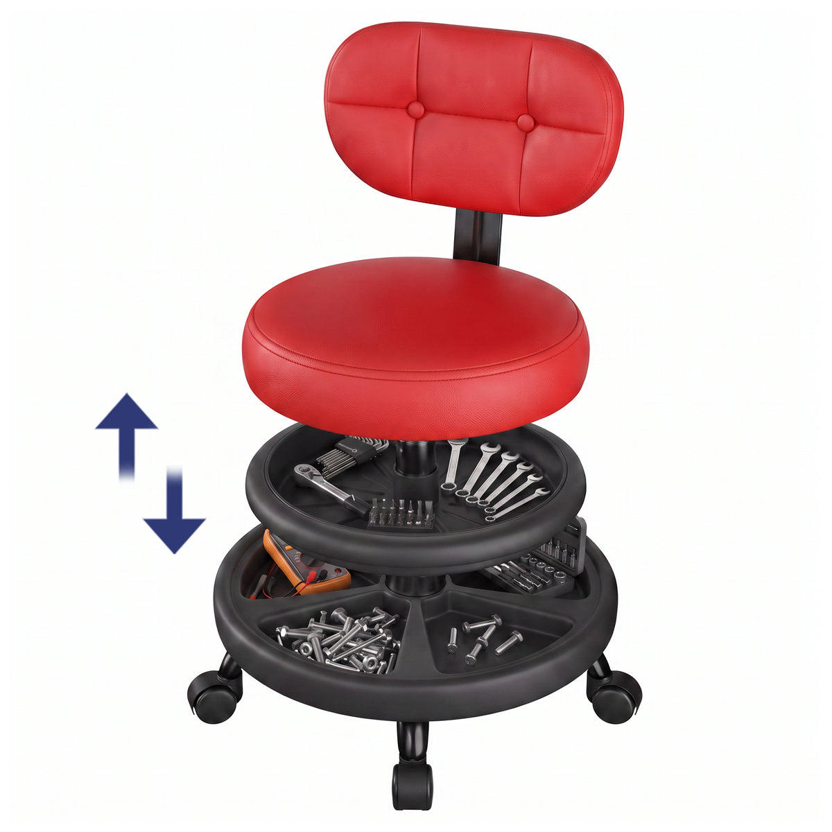 Aprleaf Shop Stool with Wheels for Garage, Rolling Mechanics Chair with Backrest, Adjustable Height Heavy Duty Garage Stool with Double Storage Tray, Swivel Task Chair for Workshop Kitchen Salon