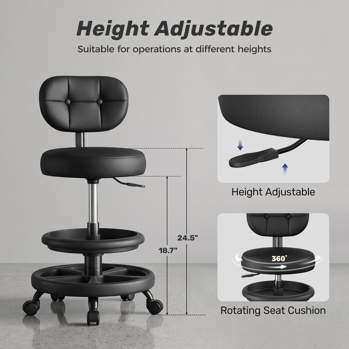 Aprleaf Shop Stool with Wheels for Garage, Rolling Mechanics Chair with Backrest, Adjustable Height Heavy Duty Garage Stool with Double Storage Tray, Swivel Task Chair for Workshop Kitchen Salon