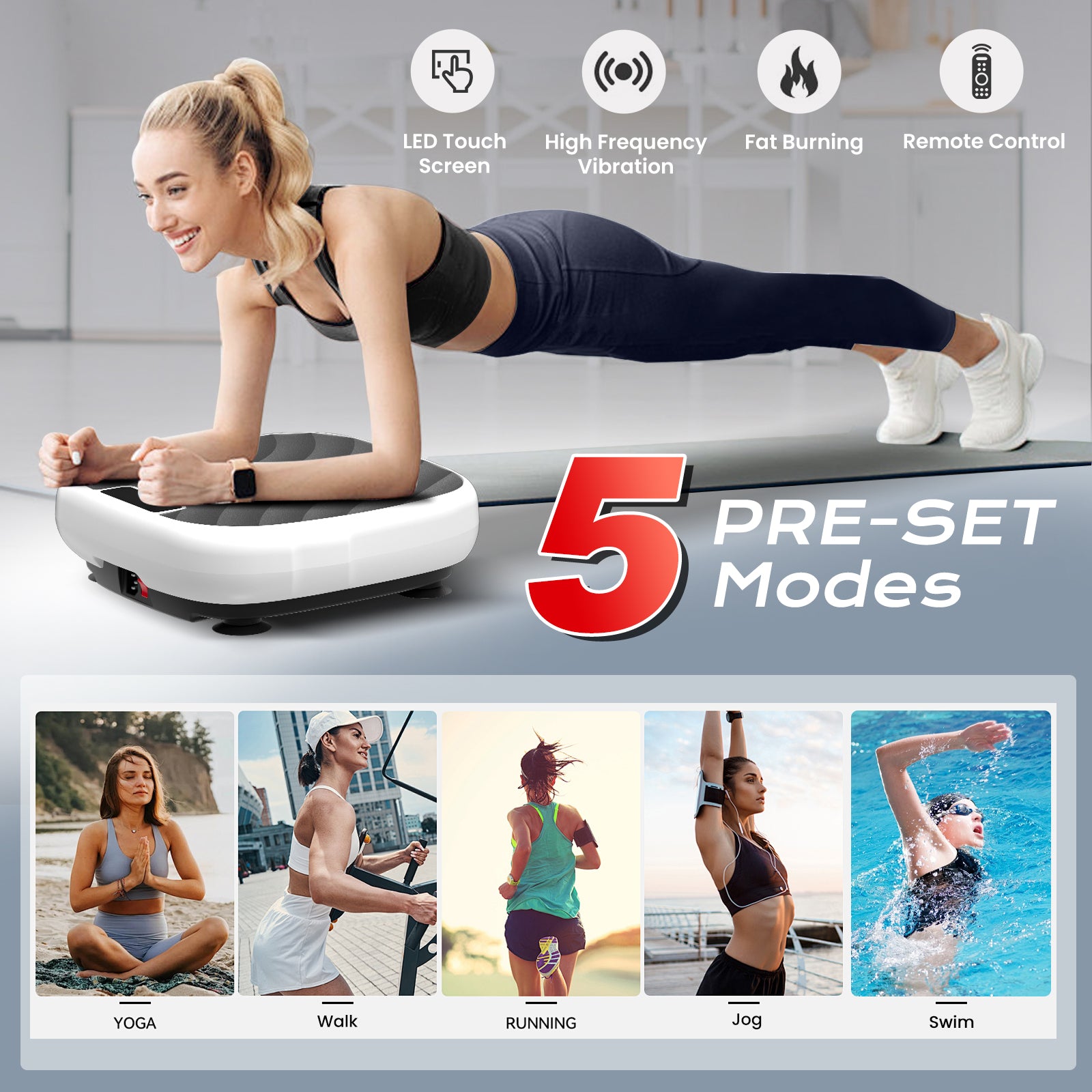 AprLeaf Vibration Plate Exercise Machine, 99 Speed Levels, 5 Preset Modes, Remote Control, Resistance Bands, LED Display for Home Workout,White