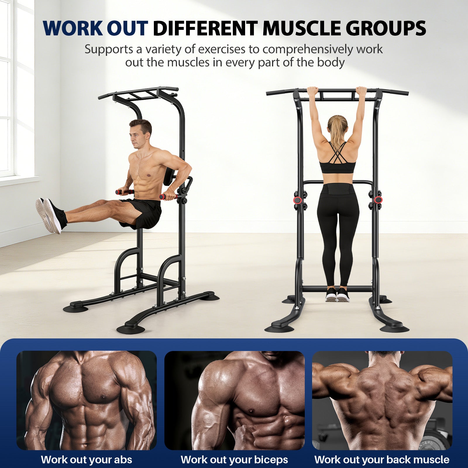 AprLeaf Power Tower, Adjustable Height Pull Up Bar Dip Station Stand for Home Gym Strength Training Fitness Workout Equipment 330LBS