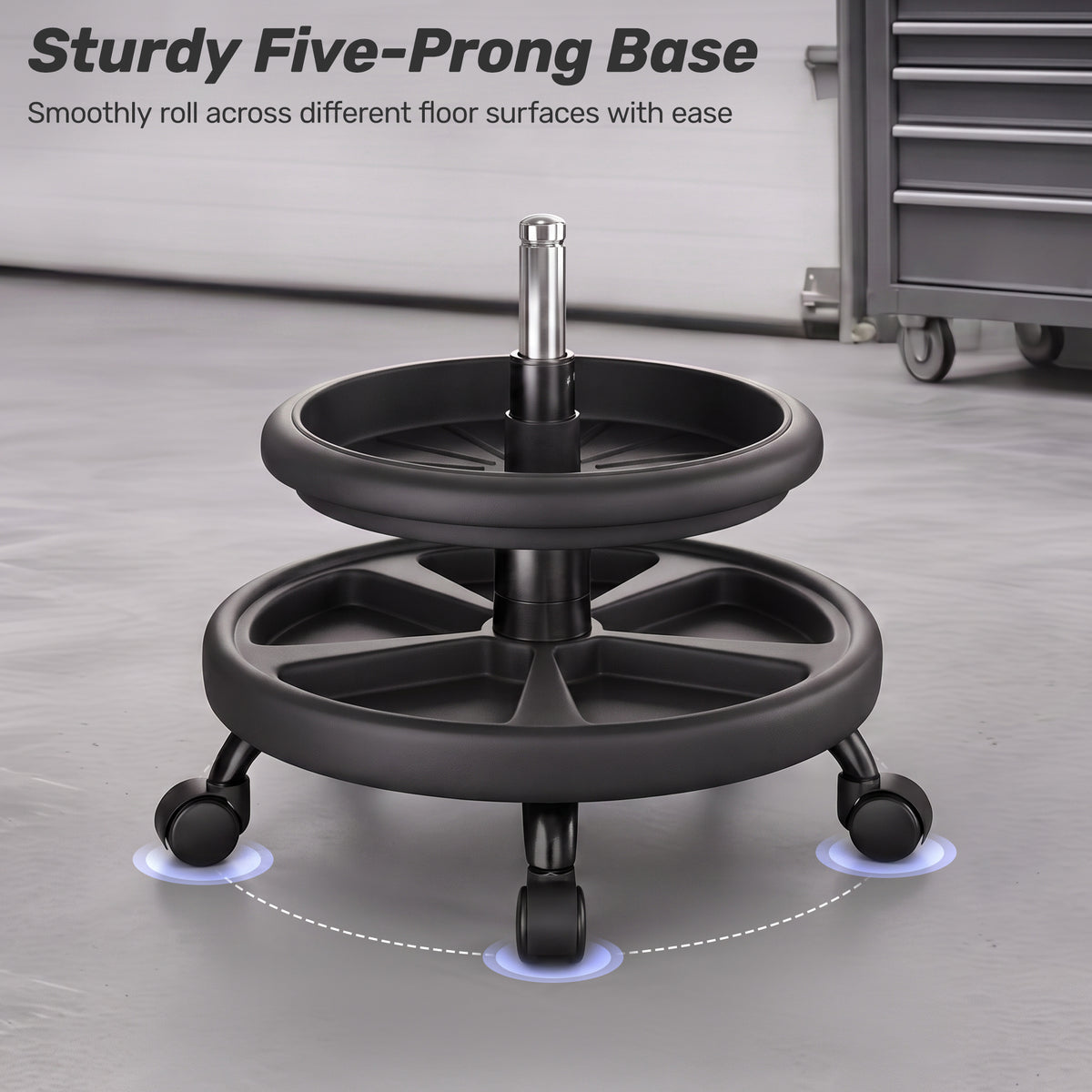 Aprleaf Shop Stool with Wheels for Garage, Rolling Mechanics Chair with Backrest, Adjustable Height Heavy Duty Garage Stool with Double Storage Tray, Swivel Task Chair for Workshop Kitchen Salon
