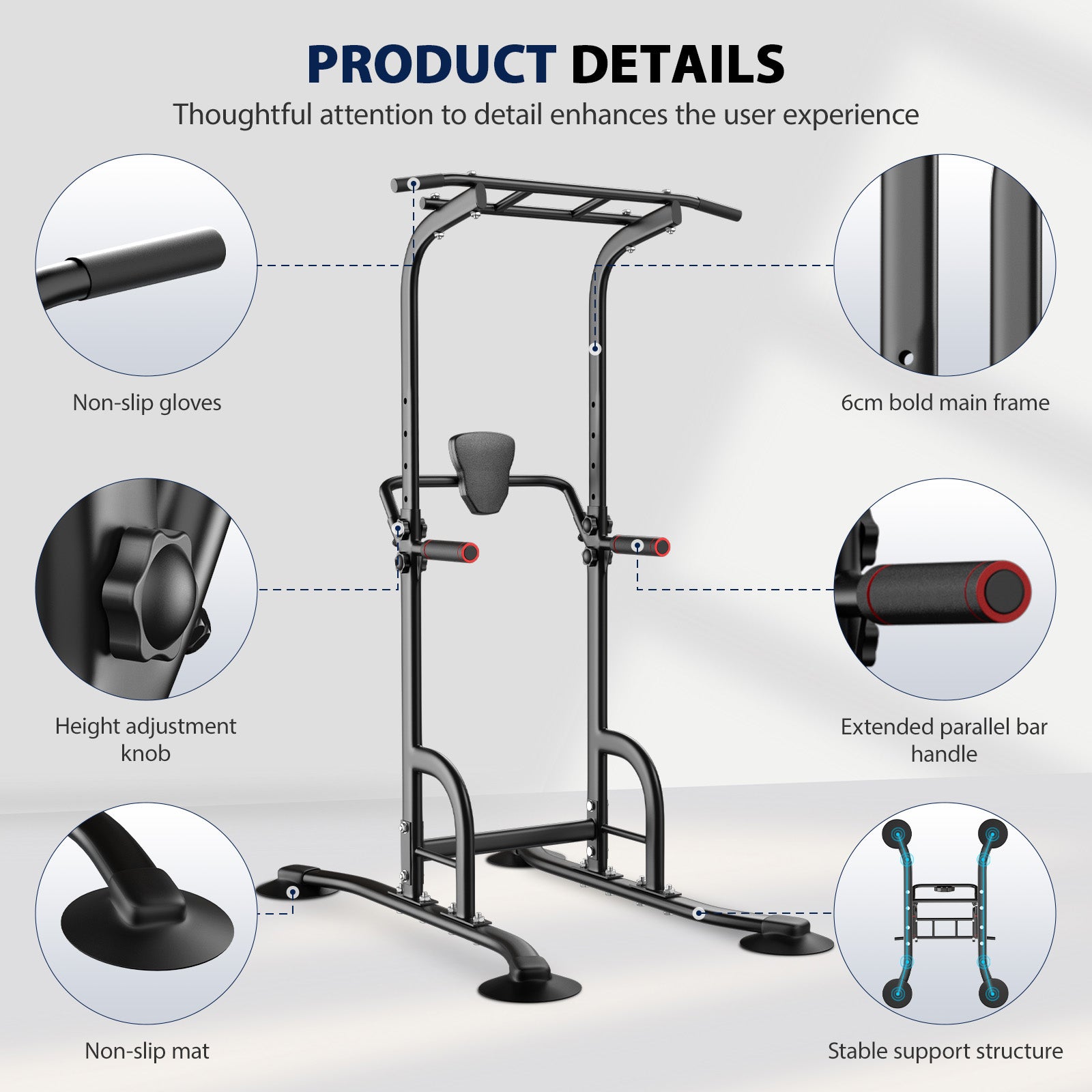 AprLeaf Power Tower, Adjustable Height Pull Up Bar Dip Station Stand for Home Gym Strength Training Fitness Workout Equipment 330LBS