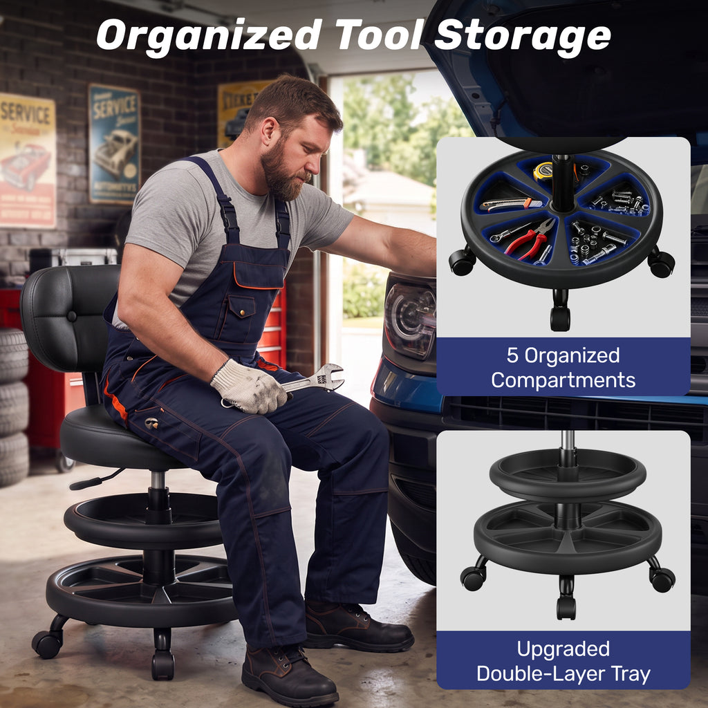 Aprleaf Shop Stool with Wheels for Garage, Rolling Mechanics Chair with Backrest, Adjustable Height Heavy Duty Garage Stool with Double Storage Tray, Swivel Task Chair for Workshop Kitchen Salon