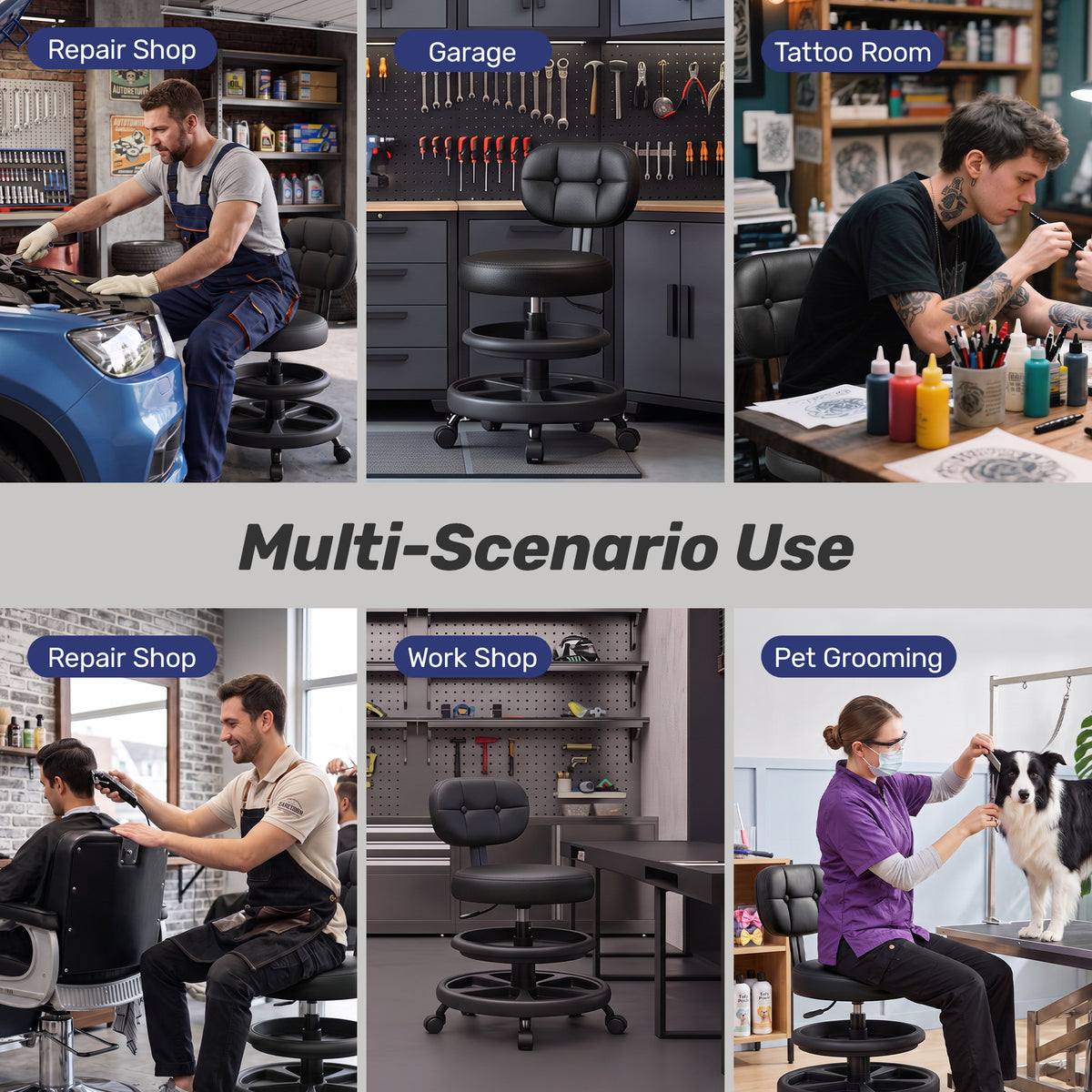 Aprleaf Shop Stool with Wheels for Garage, Rolling Mechanics Chair with Backrest, Adjustable Height Heavy Duty Garage Stool with Double Storage Tray, Swivel Task Chair for Workshop Kitchen Salon