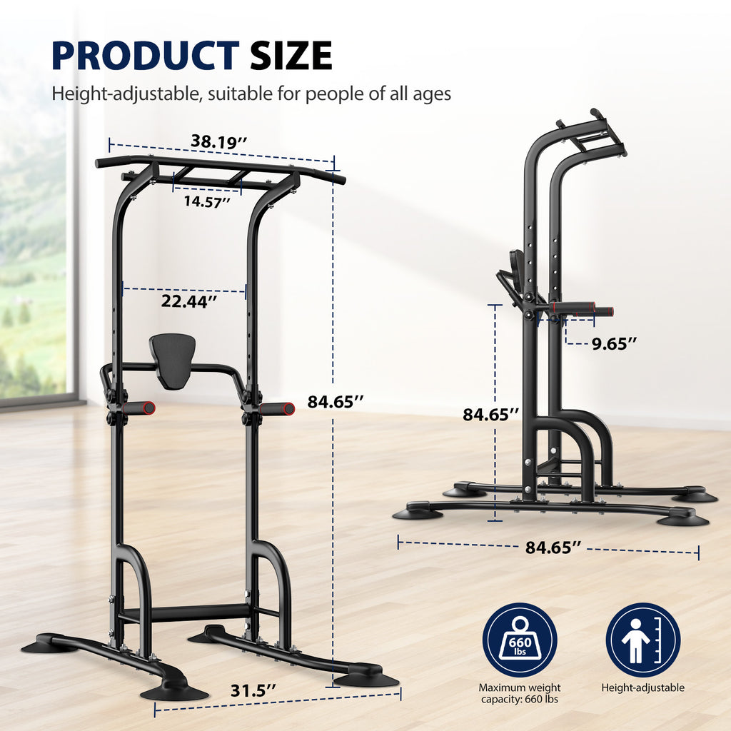 AprLeaf Power Tower, Adjustable Height Pull Up Bar Dip Station Stand for Home Gym Strength Training Fitness Workout Equipment 330LBS