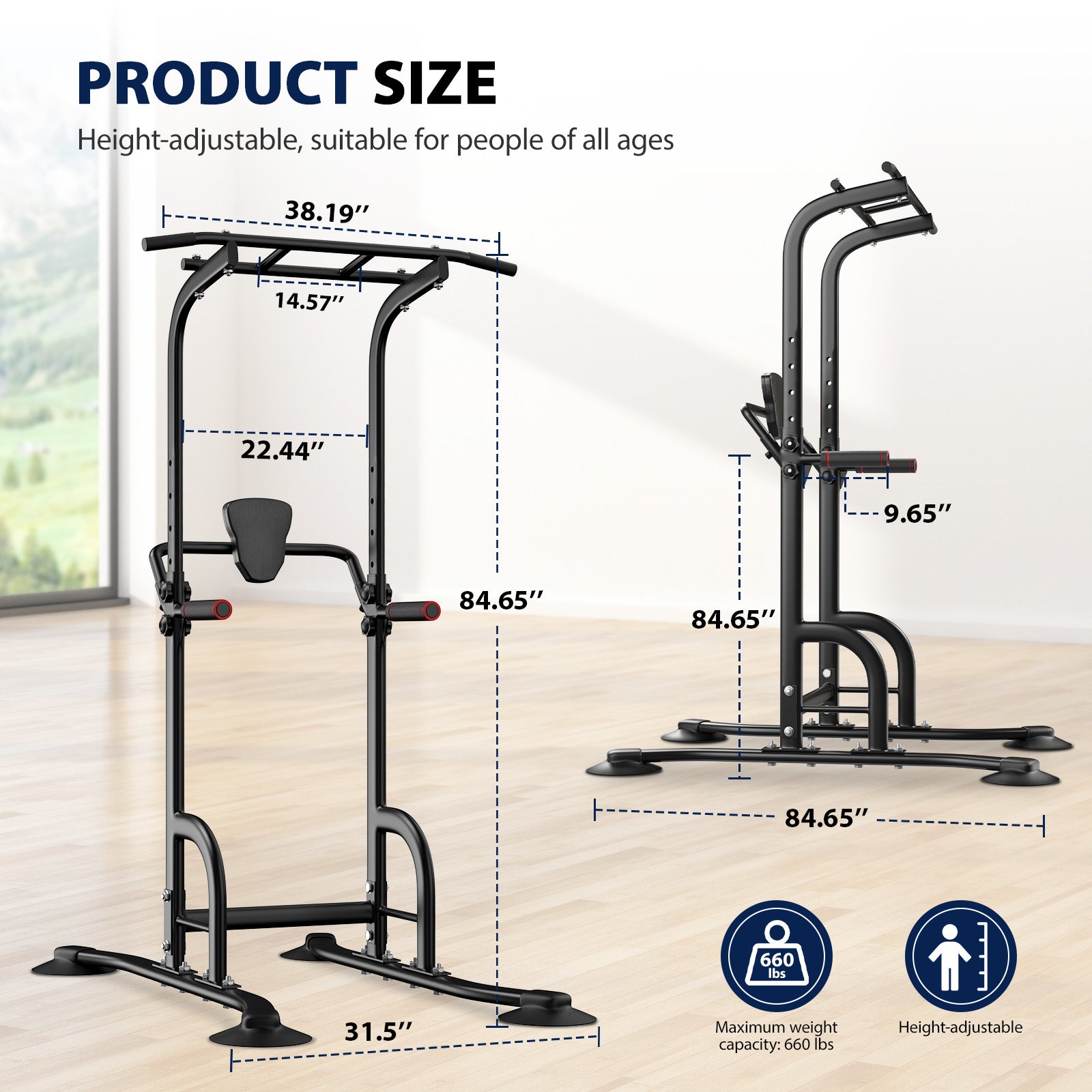 AprLeaf Power Tower, Adjustable Height Pull Up Bar Dip Station Stand for Home Gym Strength Training Fitness Workout Equipment 330LBS