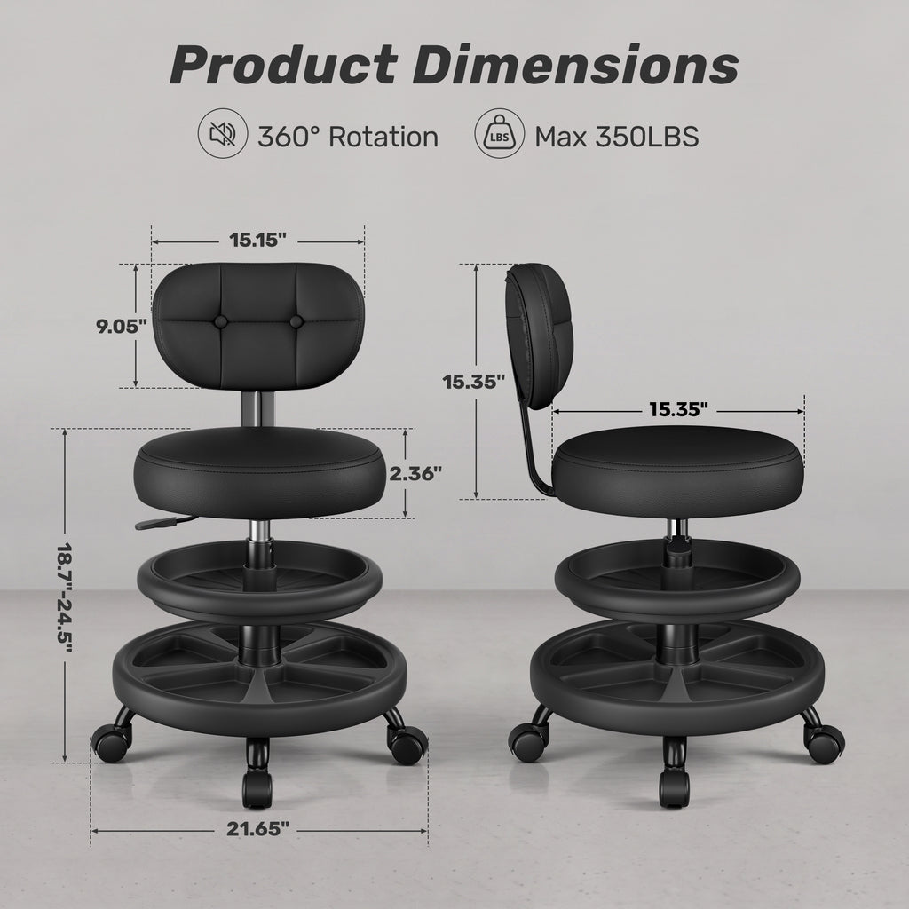 Aprleaf Shop Stool with Wheels for Garage, Rolling Mechanics Chair with Backrest, Adjustable Height Heavy Duty Garage Stool with Double Storage Tray, Swivel Task Chair for Workshop Kitchen Salon