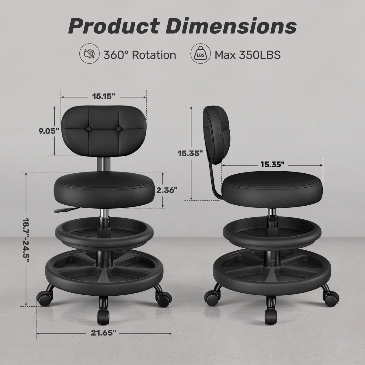 Aprleaf Shop Stool with Wheels for Garage, Rolling Mechanics Chair with Backrest, Adjustable Height Heavy Duty Garage Stool with Double Storage Tray, Swivel Task Chair for Workshop Kitchen Salon